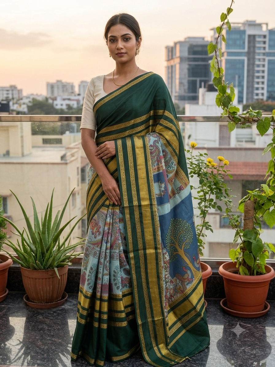 Mysore Crepe Silk Saree - Drank Green & Golden