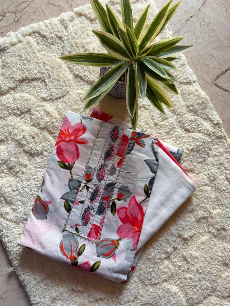 Floral Print Embroidered Kurta Material