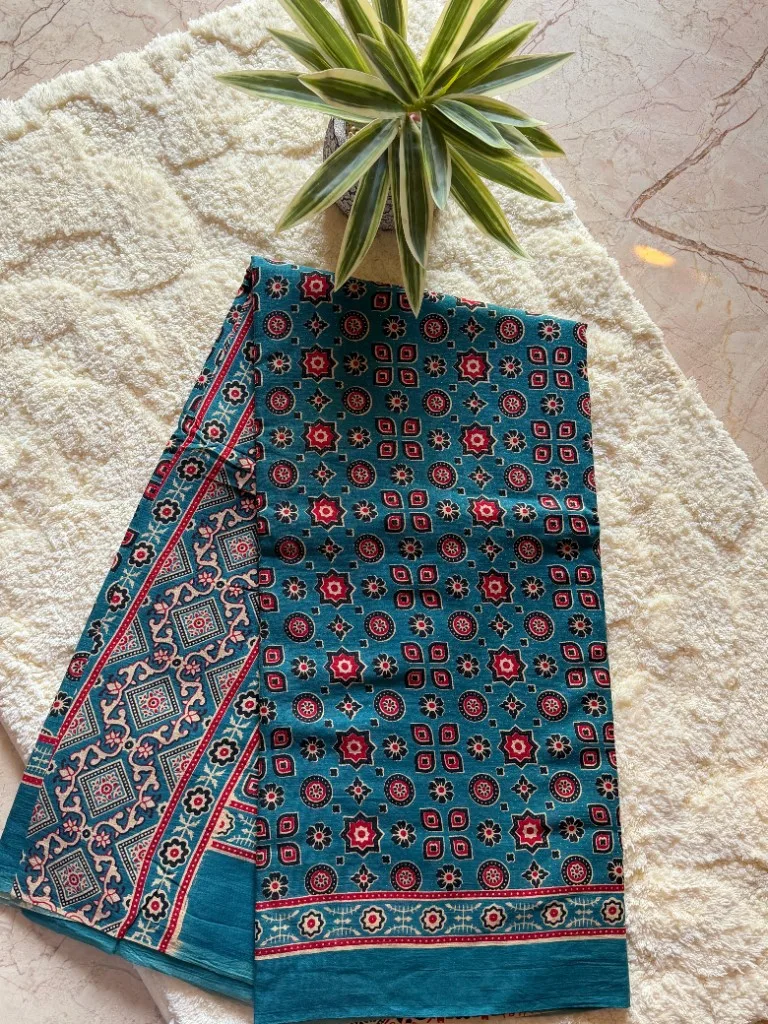 Ajrakh Teal Block Print Saree
