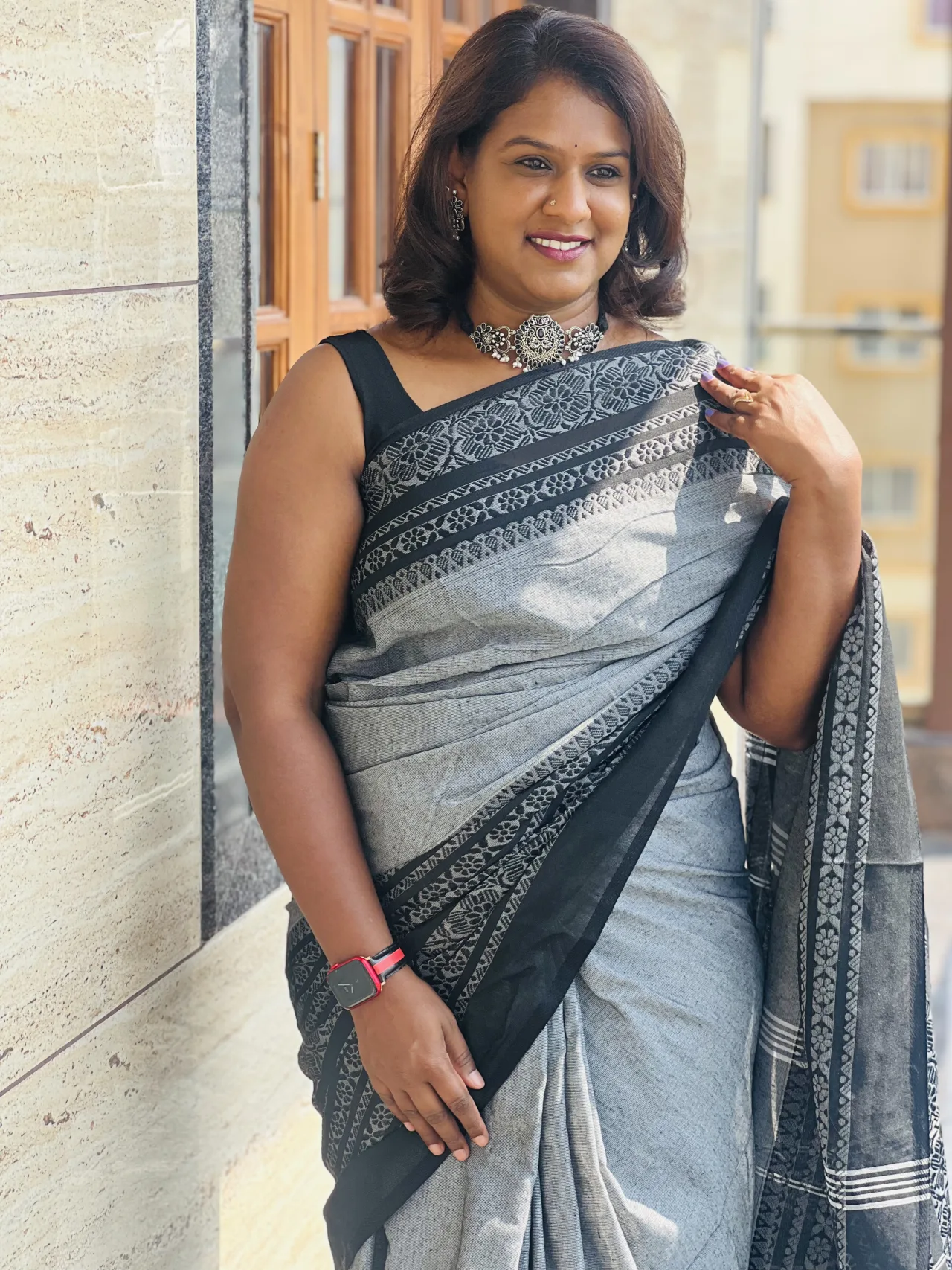 Khadi Cotton Saree — Black & Grey Combination