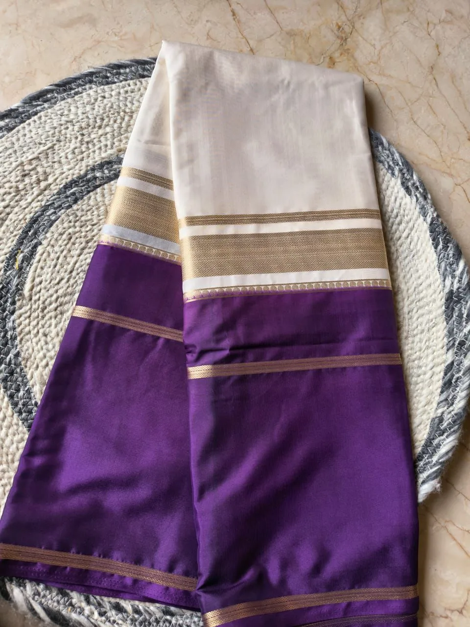 Mysore Crepe Silk Saree — Milky White Purple Golden