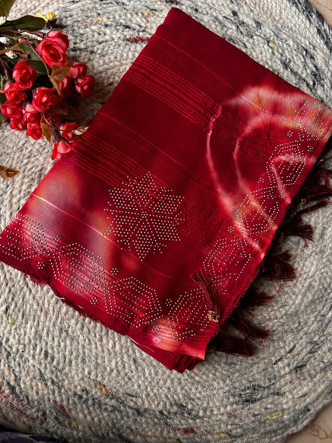 Fancy Chiffon Georgette Stone Work Saree - Onion Pink
