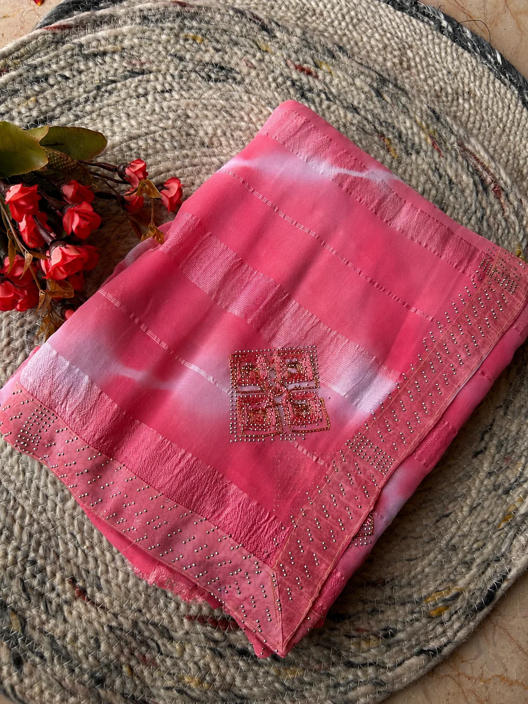 Pink Chiffon Georgette Saree with Stone & Thread Work