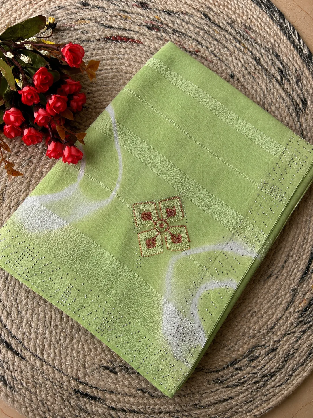 Pastel Green Chiffon Georgette Saree with Stone Work