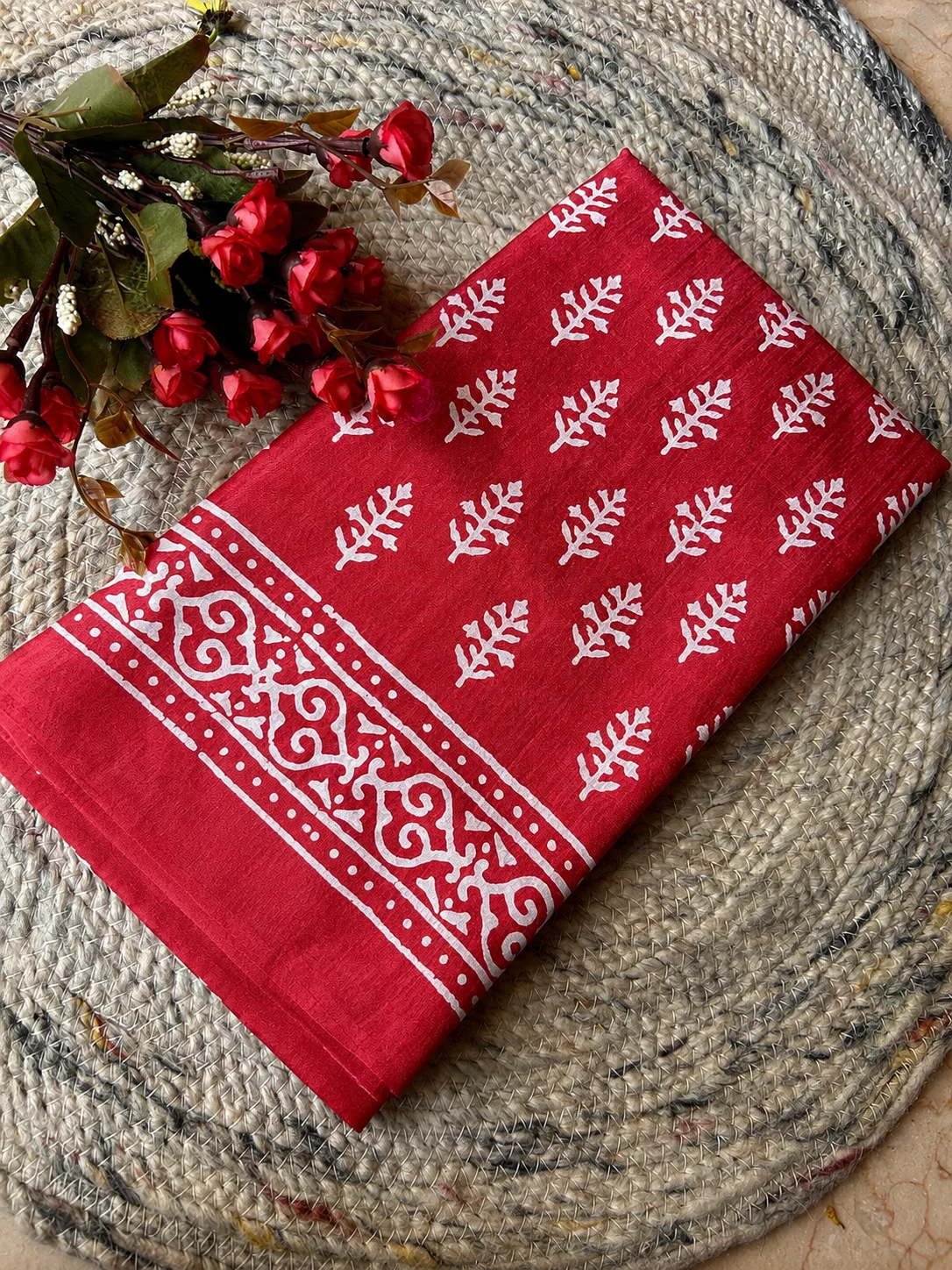 Red Dola Silk Saree with White Block Print