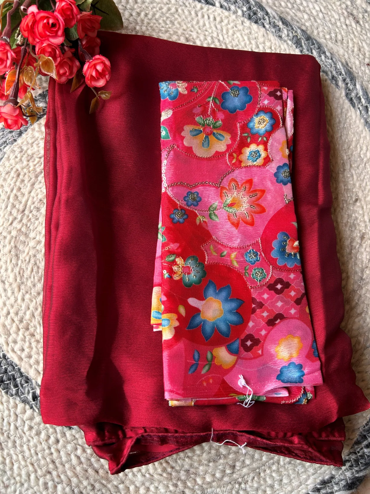 Maroon Plain Chiffon Saree with Designer Blouse
