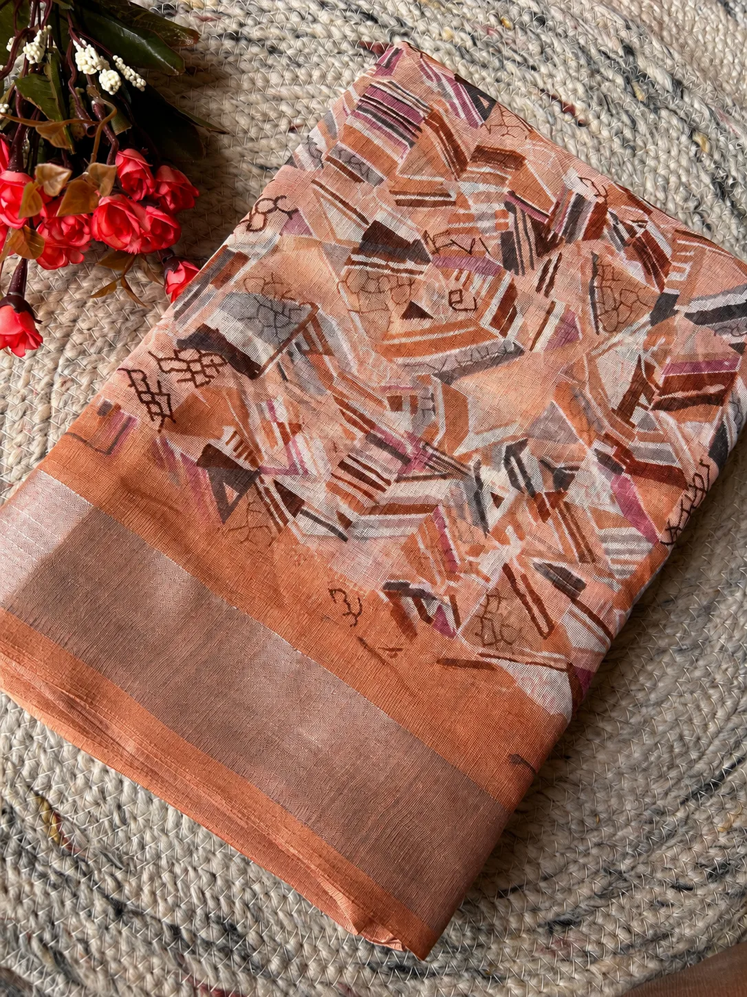 Peach Abstract Print Fancy Cotton Saree