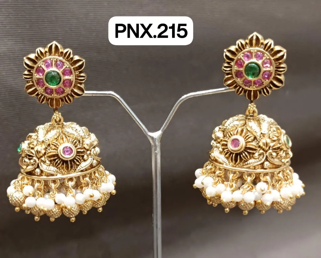 Antique Gold Floral Pearl Jhumka