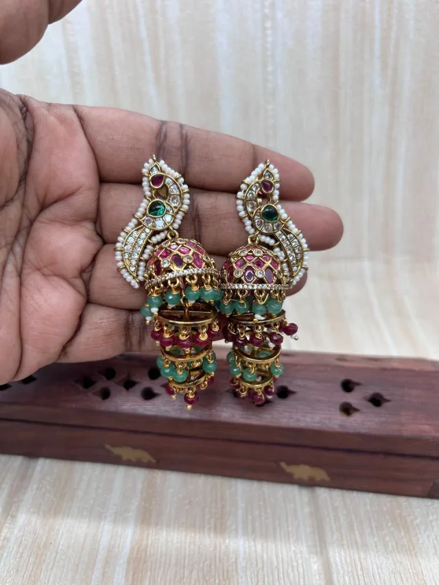 Peacock Jhumka  -  Green Pink