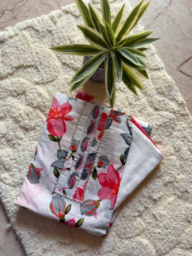 Floral Print Embroidered Kurta Material