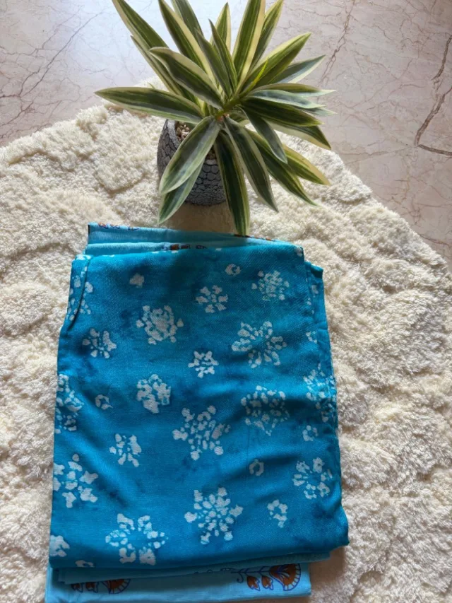 Turquoise Block Print Cotton Saree