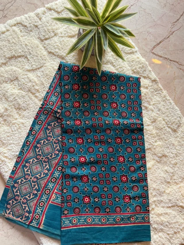 Ajrakh Teal Block Print Saree