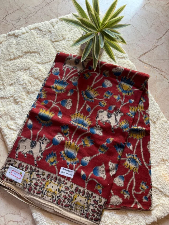 Kalamkari Cow Motif Cotton Saree