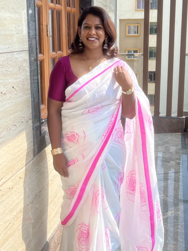 Khadi Cotton Saree — White & Pink Floral