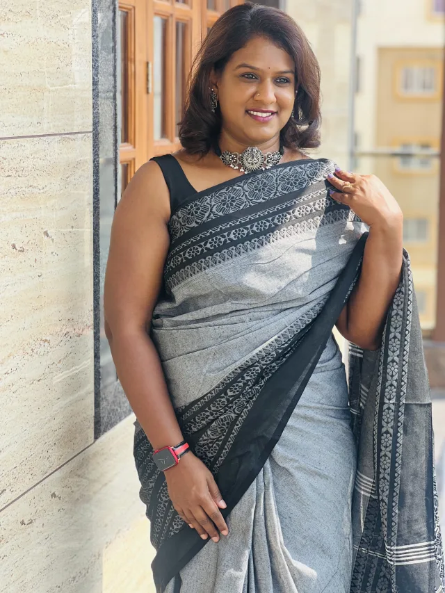 Khadi Cotton Saree — Black & Grey Combination