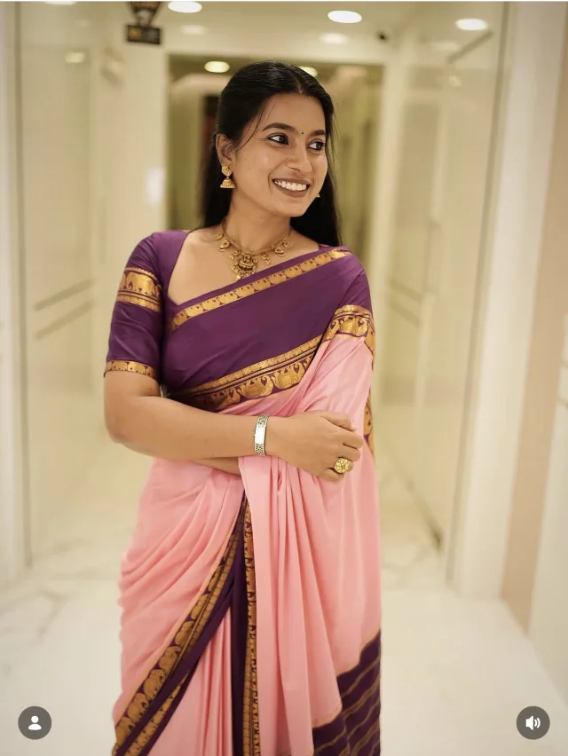 Mysore Crepe Silk Saree — Pink Pista Elephant Border