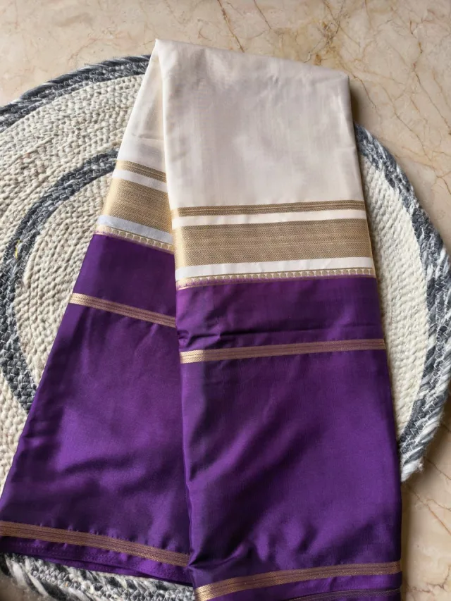 Mysore Crepe Silk Saree — Milky White Purple Golden