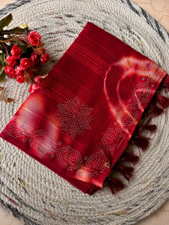 Fancy Chiffon Georgette Stone Work Saree - Red