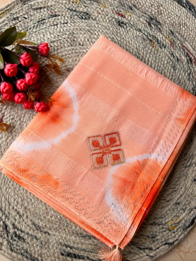 Peach Chiffon Georgette Saree with Stone & Thread Work
