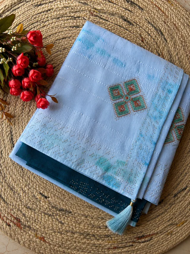 Sky Blue Chiffon Georgette Saree with Stone & Thread Work