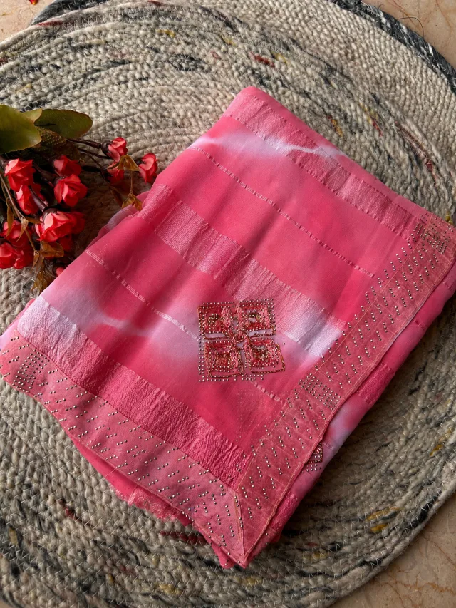 Pink Chiffon Georgette Saree with Stone & Thread Work
