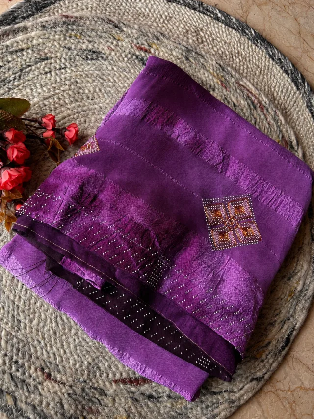 Royal Purple Chiffon Georgette Saree with Stone & Thread Work