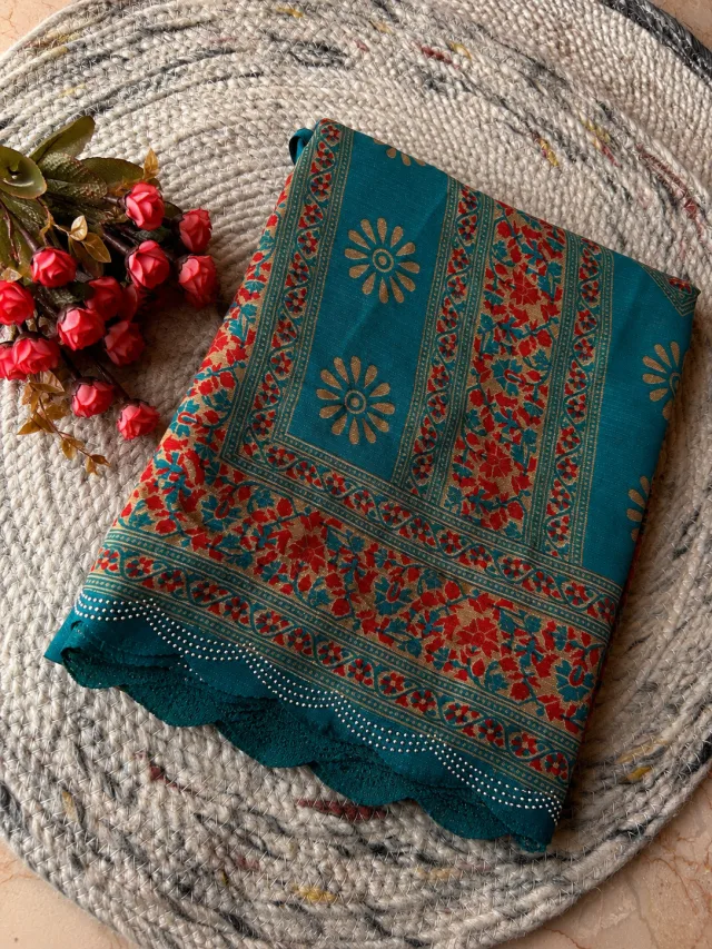 Teal Blue Floral Jaal Poonam Saree with Stone Border
