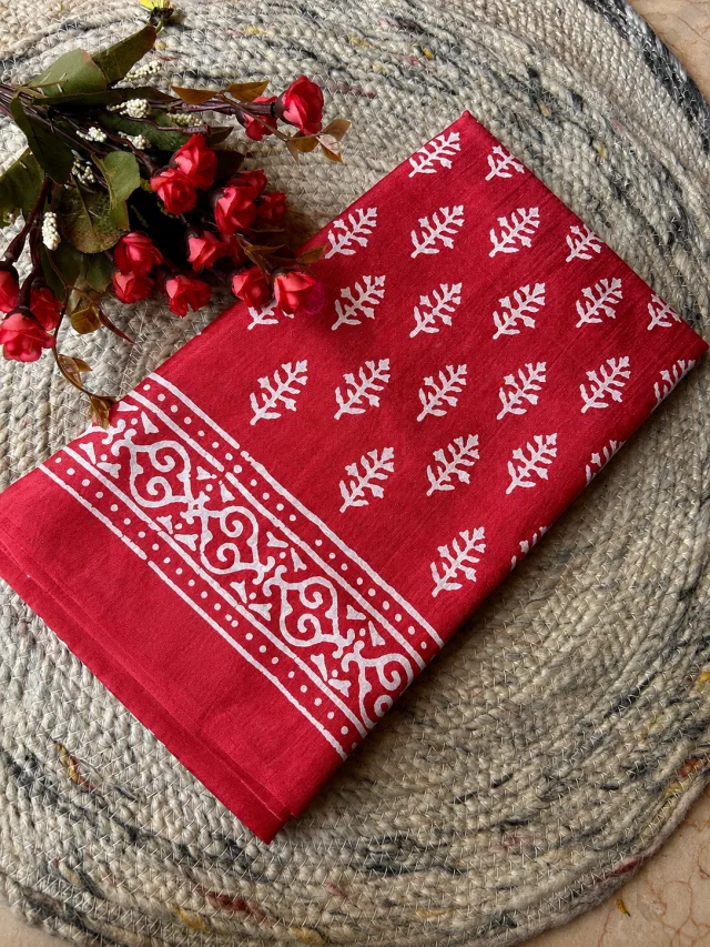 Red Dola Silk Saree with White Block Print