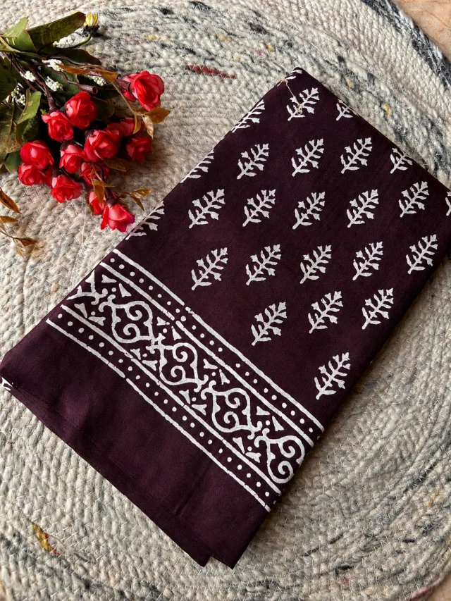 Burgundy Dola Silk Saree with White Block Print