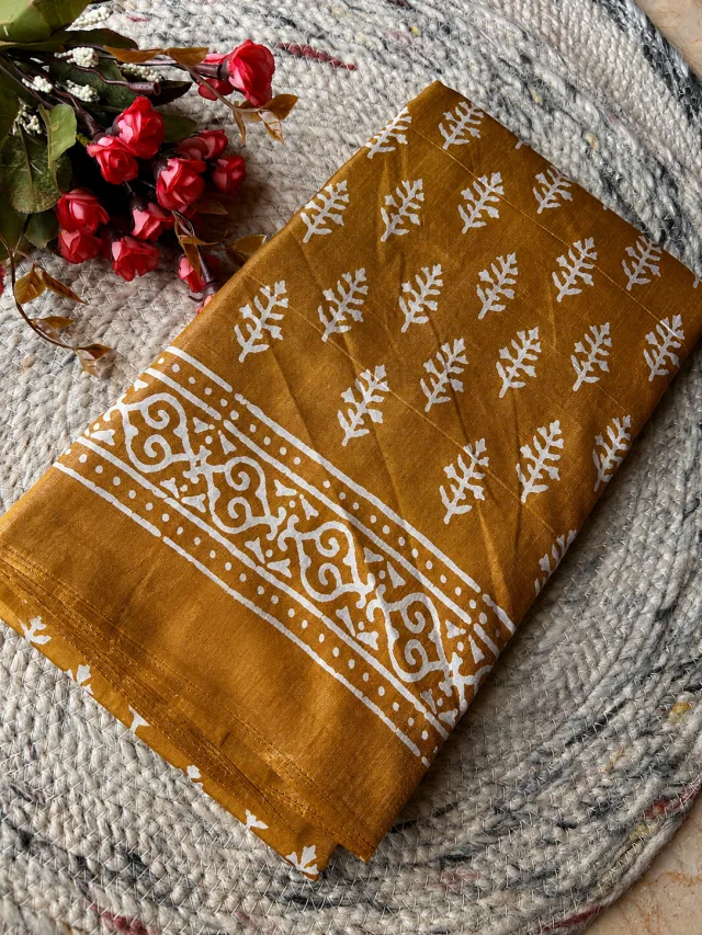 Mustard Yellow Dola Silk Saree with White Block Print