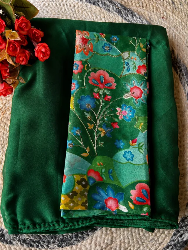 Bottle Green Plain Chiffon Saree with Designer Blouse
