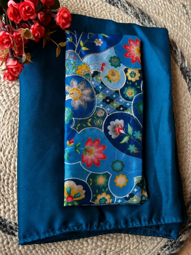 Teal Blue Plain Chiffon Saree with Embroidered Blouse