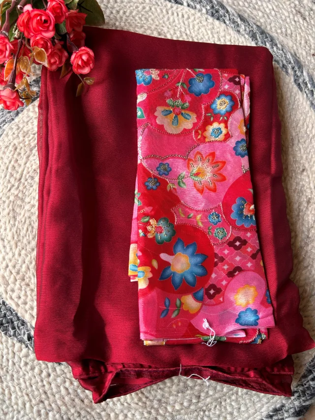 Maroon Plain Chiffon Saree with Designer Blouse