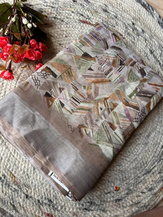 Taupe Abstract Print Fancy Cotton Saree