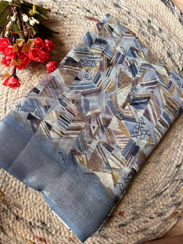 Dusty Blue Abstract Print Fancy Cotton Saree